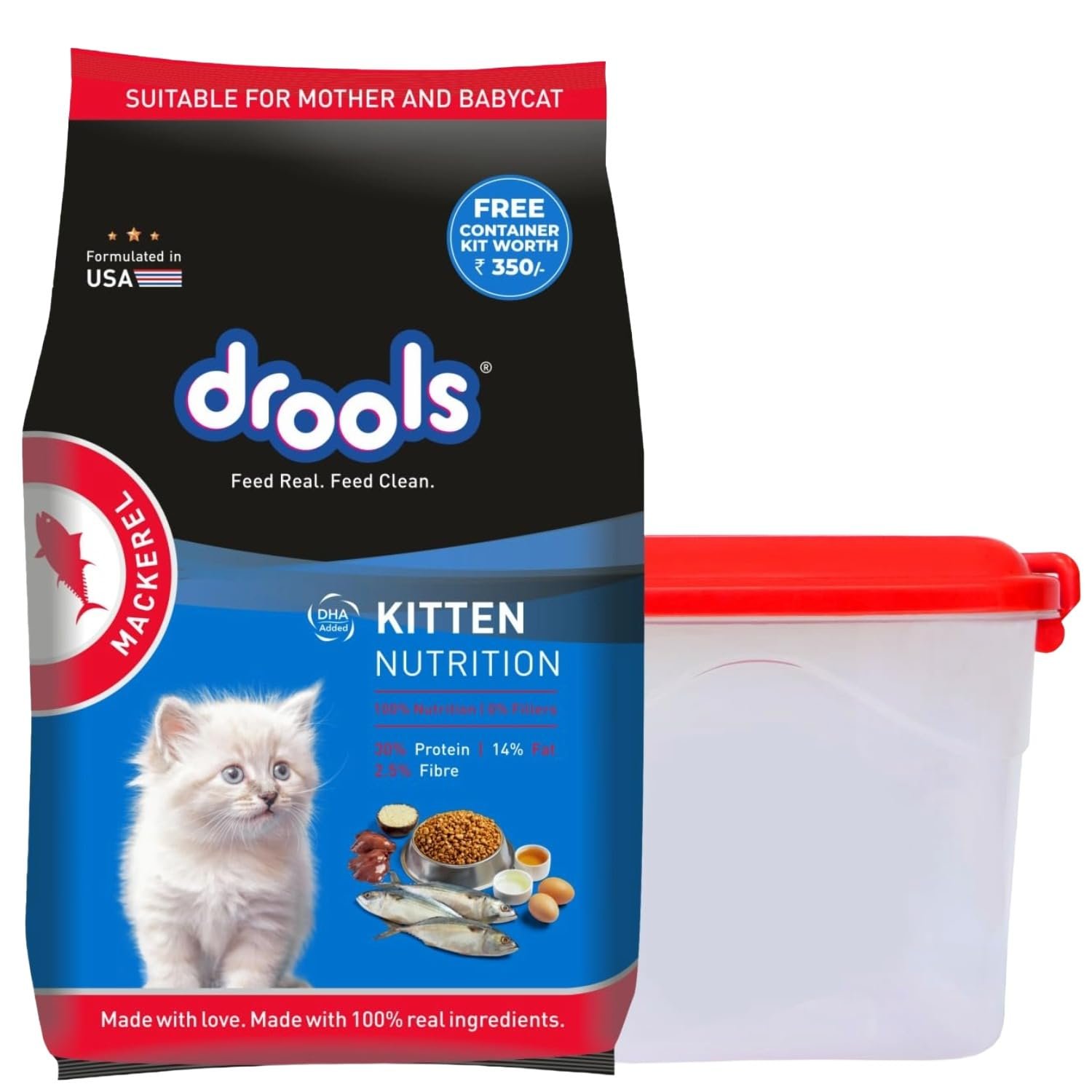 Drools Kitten Dry Cat Food, Mackerel Flavour 1 kg with Free Container Pack