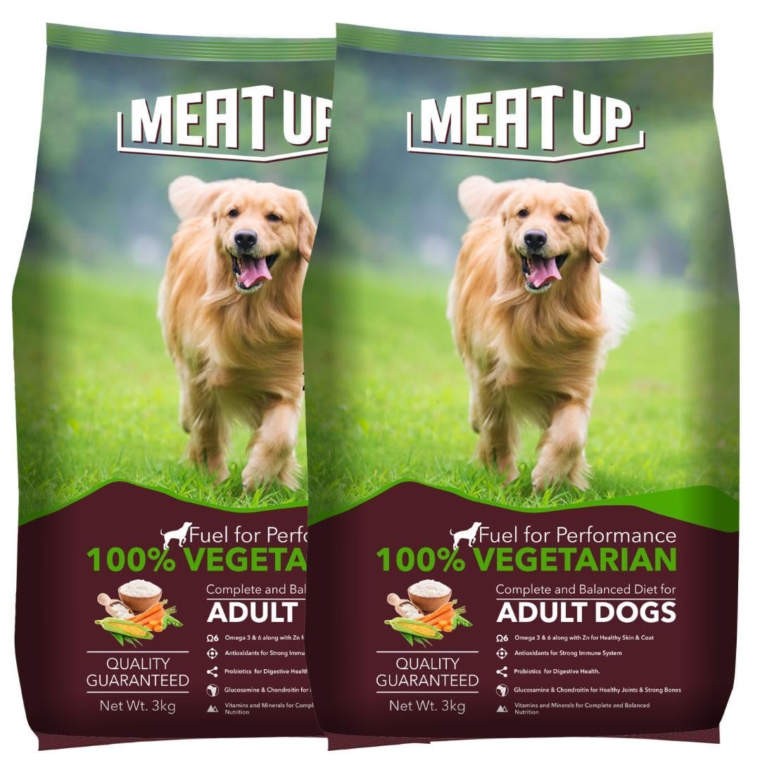 Meat Up Adult Dry Dog Food 6kg (3kg + 3kg) | 100% Vegetarian | Supports Healthy Skin & Beautiful Coat | Rich in Antioxidants