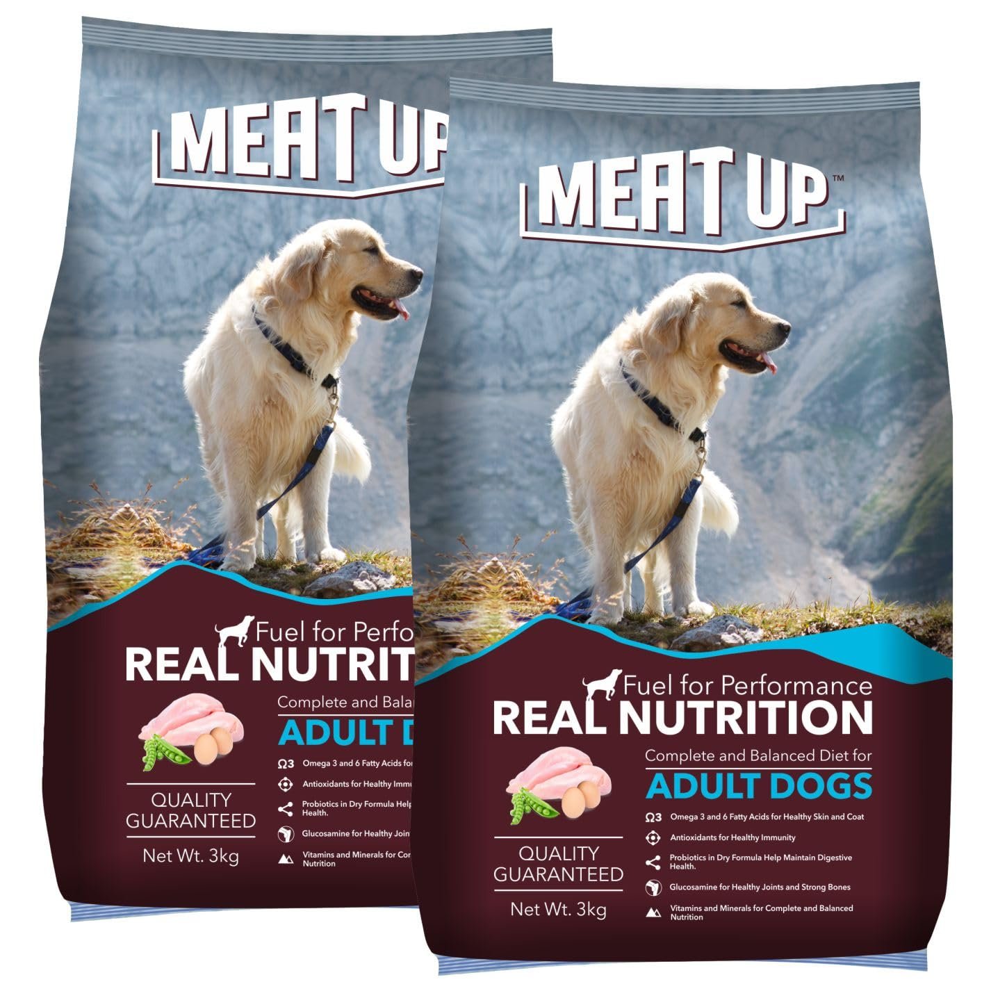 Meat Up Adult Dry Dog Food 6kg (3kg + 3kg) | Chicken Flavour | Glucosamine for Healthy Joints & Bones | Enriched with Vitamin