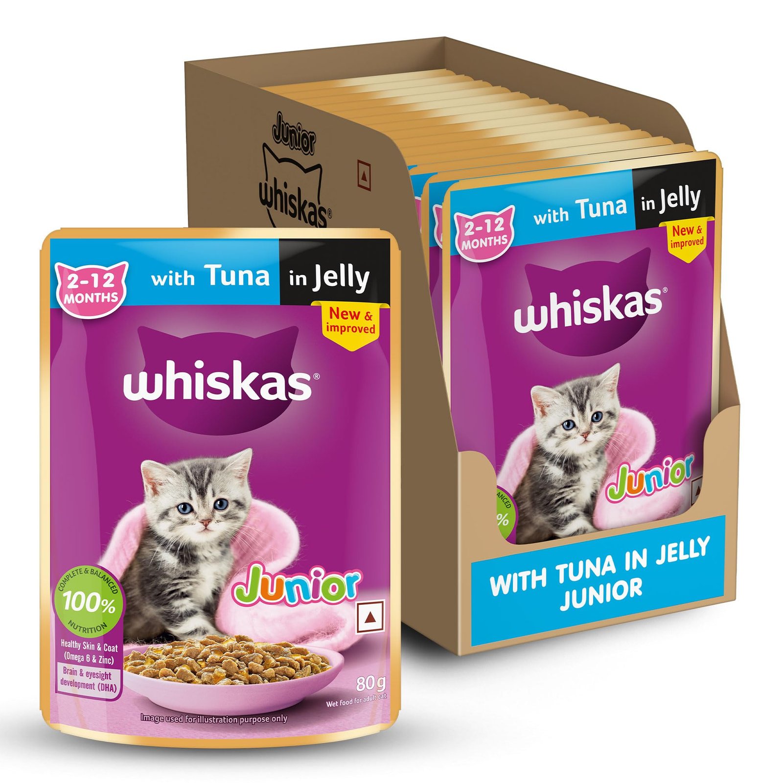 Whiskas Junior Kitten (2-12 Months) Wet Cat Food, Tuna in Jelly, 80 g (Pack of 14), Hydrating Food Made With Real Fish, 100%