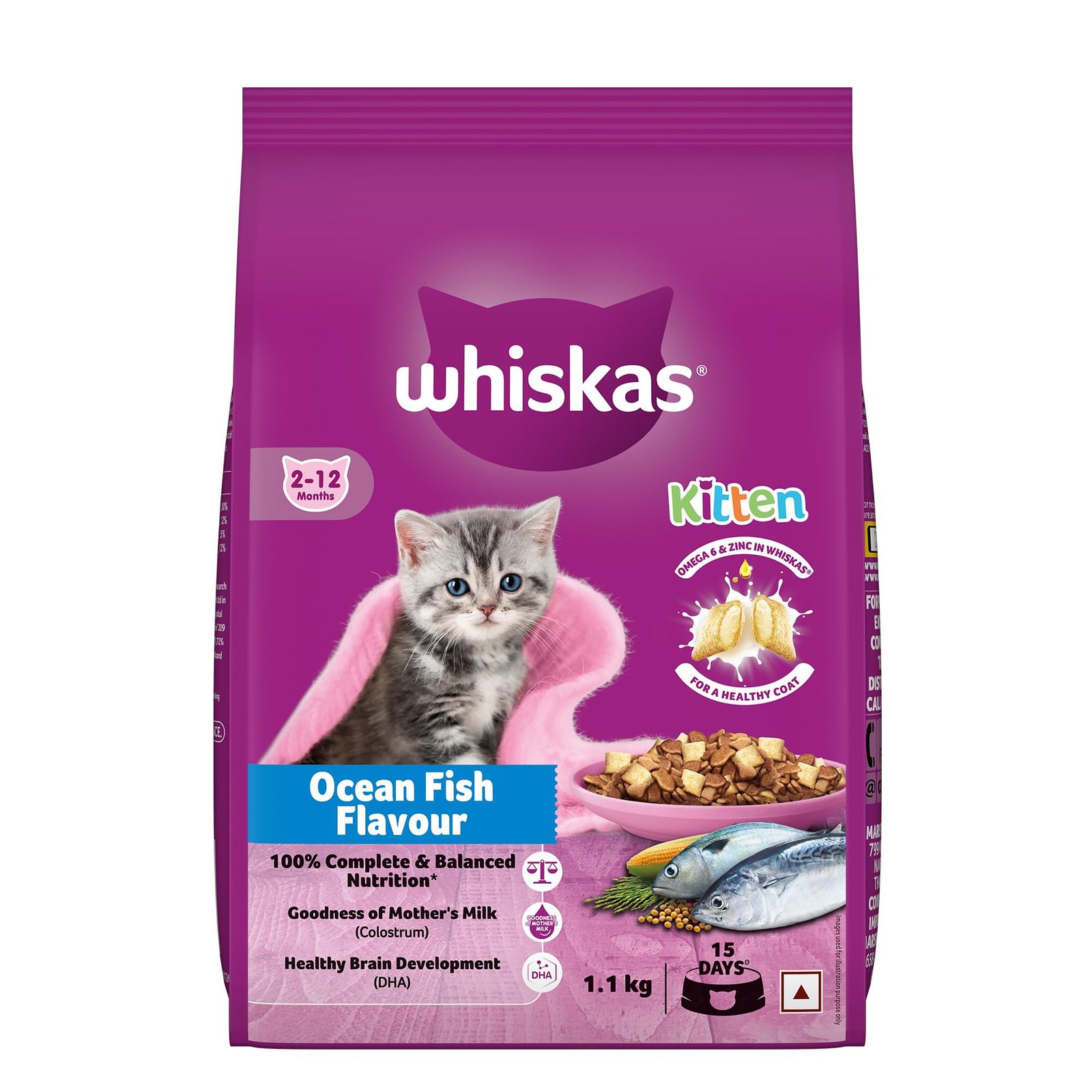 Whiskas Junior Mother Cat & Kitten (2-12 Months) Dry Cat Food, Ocean Fish Flavour, 1.1 kg, Contains 41 Essential Nutrients, C